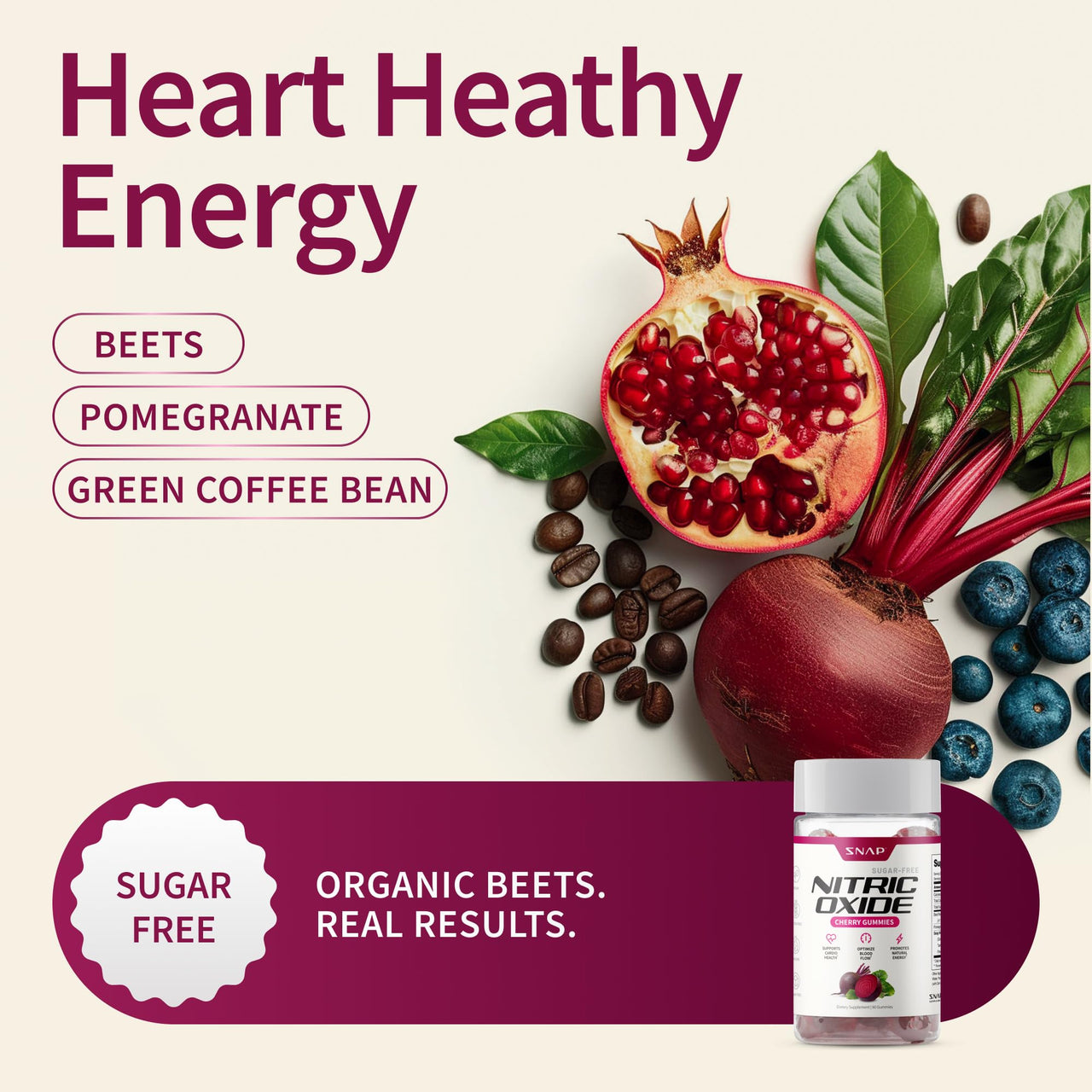Snap Supplements Nitric Oxide Gummies - Beet Root Extract 300mg, Sugar Free Beetroot Supplement with Pomegranate Powder for Circulation & Natural Energy, 60 Vegan Gummies (2-Pack), Cherry Flavor