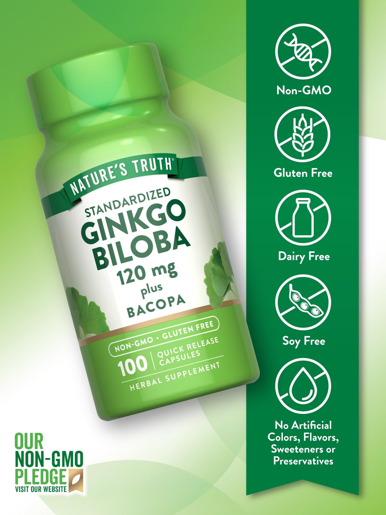 Nature's Truth Ginkgo Biloba 120mg | Plus Bacopa | 100 Quick Release Capsules | Standardized Extract | Non-GMO and Gluten Free Supplement