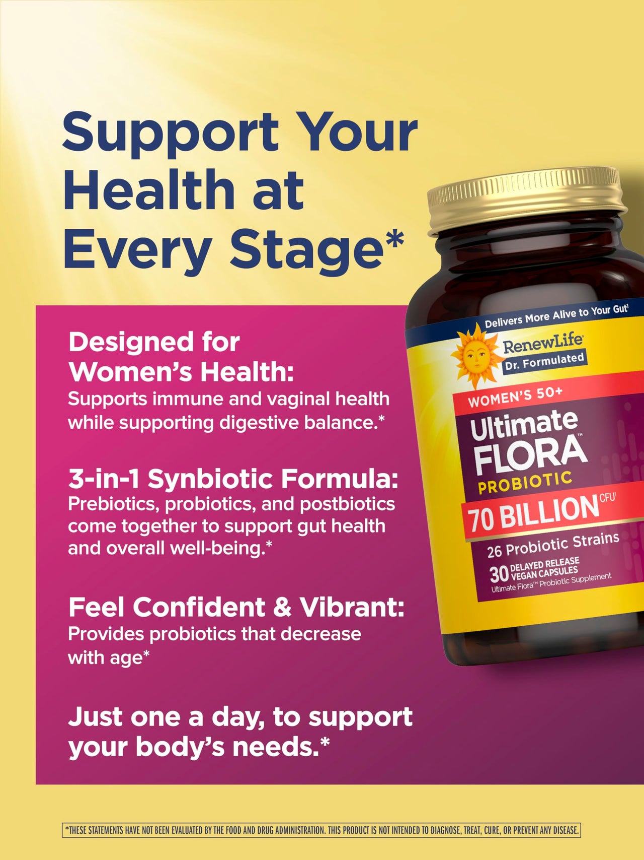 Renew Life Ultimate Flora Probiotics for Women 50+ 70 Billion CFU Delayed Release Vegan Capsules | Vaginal | Digestive Health | Immune Health | Dairy Free | 30 Count