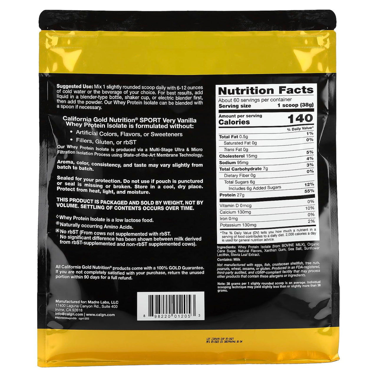 California Gold Nutrition Whey Protein Isolate, Very Vanilla, 5 lb (2.27 kg)
