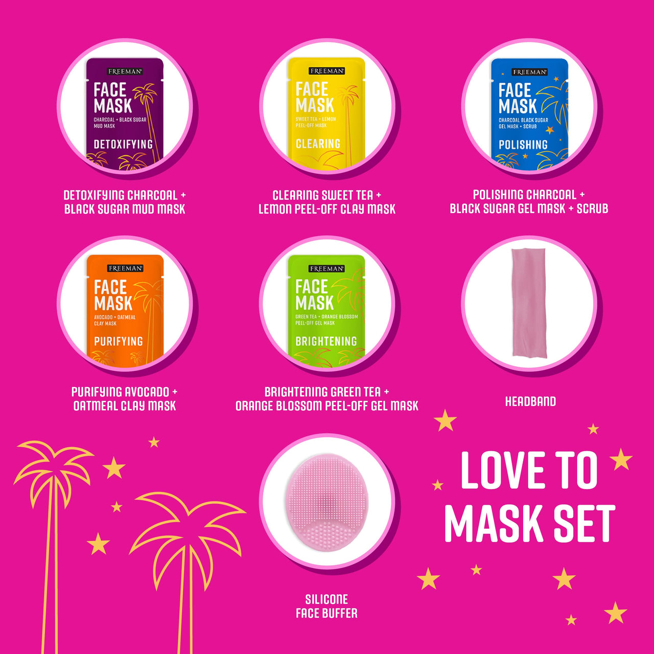 Freeman Facial Love To Mask Variety Pack: Oil Absorbing Clay, Detoxifying Charcoal, Clearing Peel Off, Hydrating Gel Cream, Exfoliating Scrub (14 Piece Kit with Bonus Buffer and Headband)