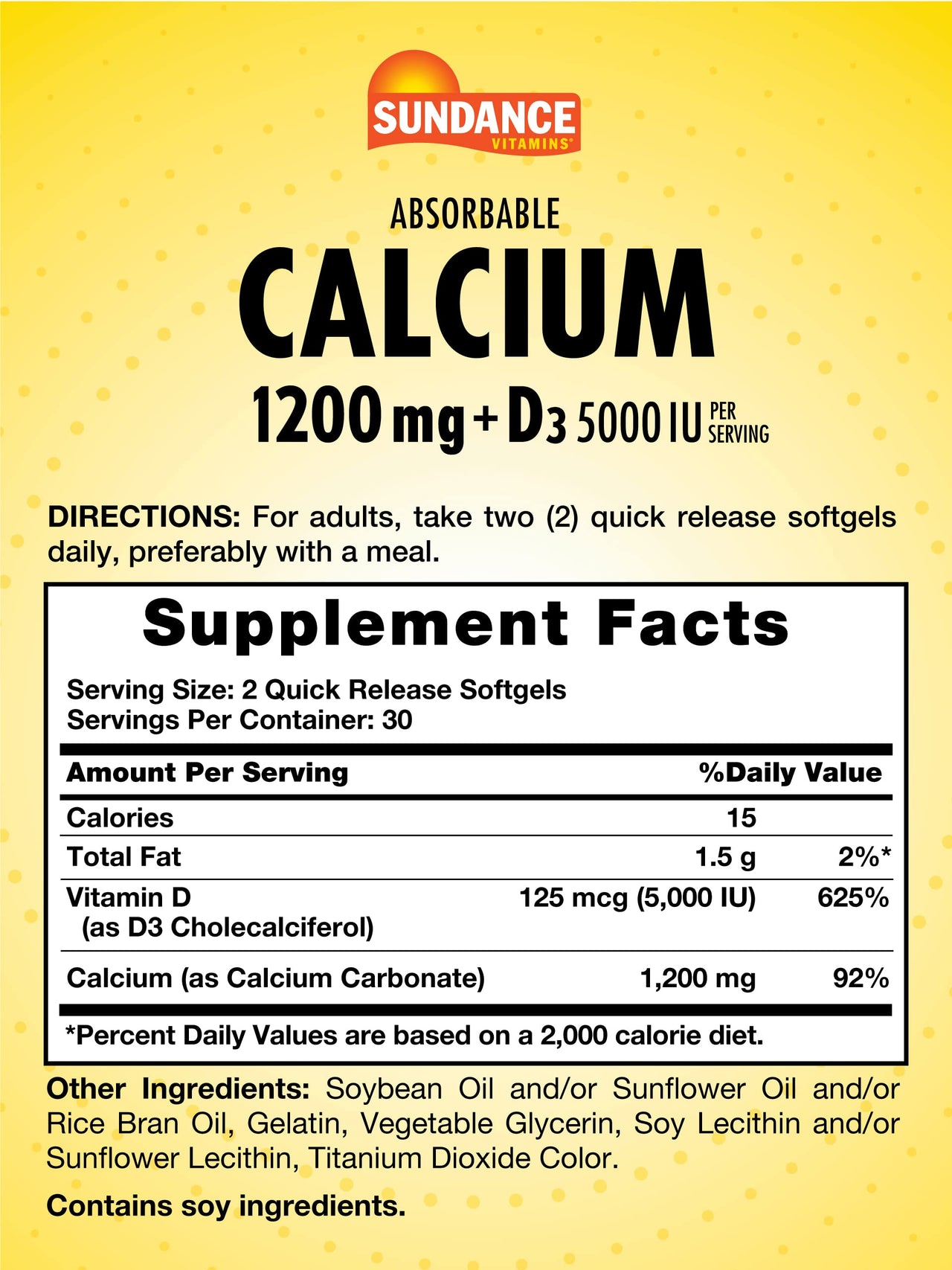 Sundance Calcium 1200 mg with Vitamin D3 5000 IU | 60 Absorbable Softgels | Non-GMO & Gluten Free Supplement