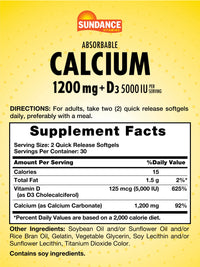 Thumbnail for Sundance Calcium 1200 mg with Vitamin D3 5000 IU | 60 Absorbable Softgels | Non-GMO & Gluten Free Supplement