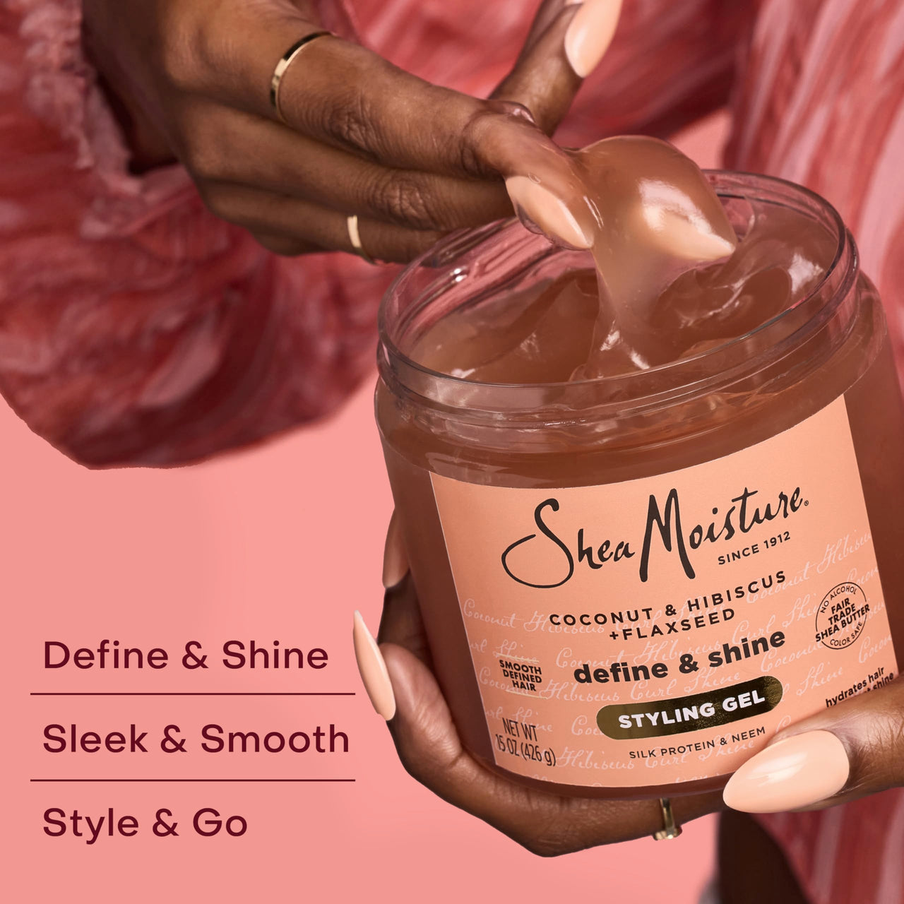 SheaMoisture Define & Shine Styling Gel + Flaxseed Coconut&Hibiscus Hydrates,Holds Your Style All Day Infused With Glycerin,Coconut Oil an Invigorating Sweet Scent ParabenFree Frizz Control Gel 15OZ