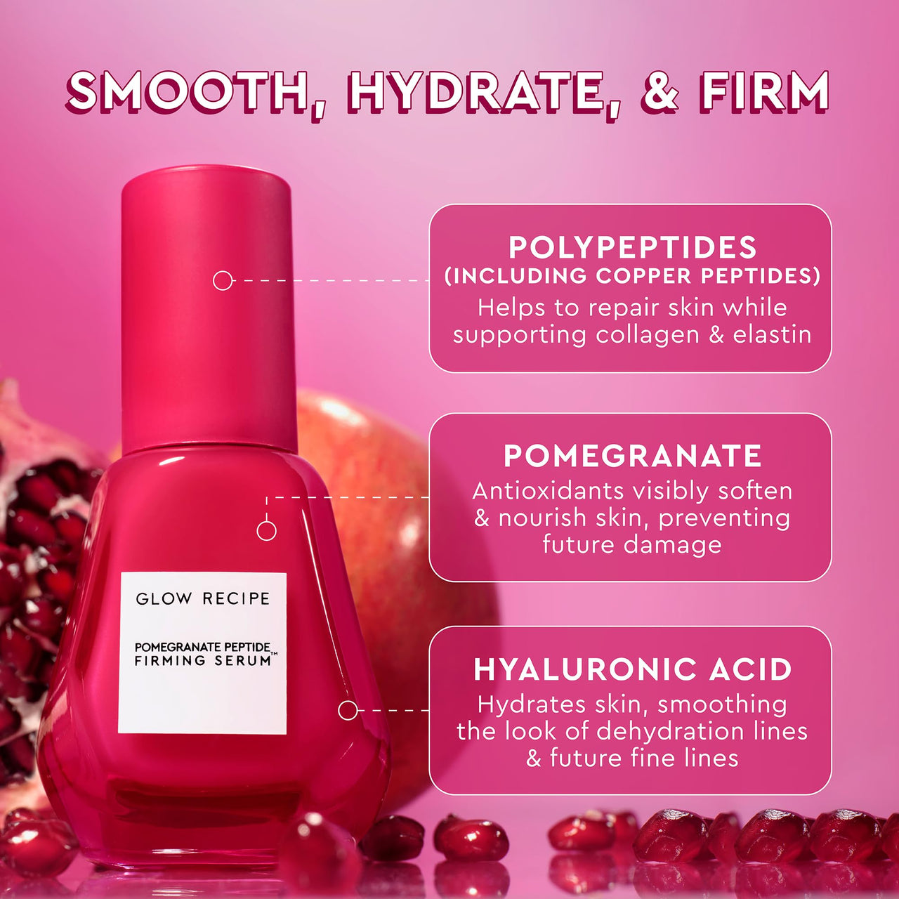Glow Recipe Pomegranate Copper Peptides Face Serum - Plumping, Firming Multi Peptide Anti Aging Serum for Women & Men + Hydrating Hyaluronic Acid to Smooth Lines, Support Collagen & Skin Elastin, 30ml