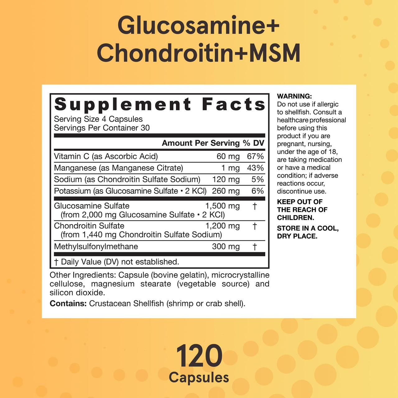 Jarrow Formulas Glucosamine, Chondroitin, and MSM Capsules; Joint Support Supplement with Vitamin C and Manganese, Bone & Joint Health, 120 Capsules, 30 Day Supply