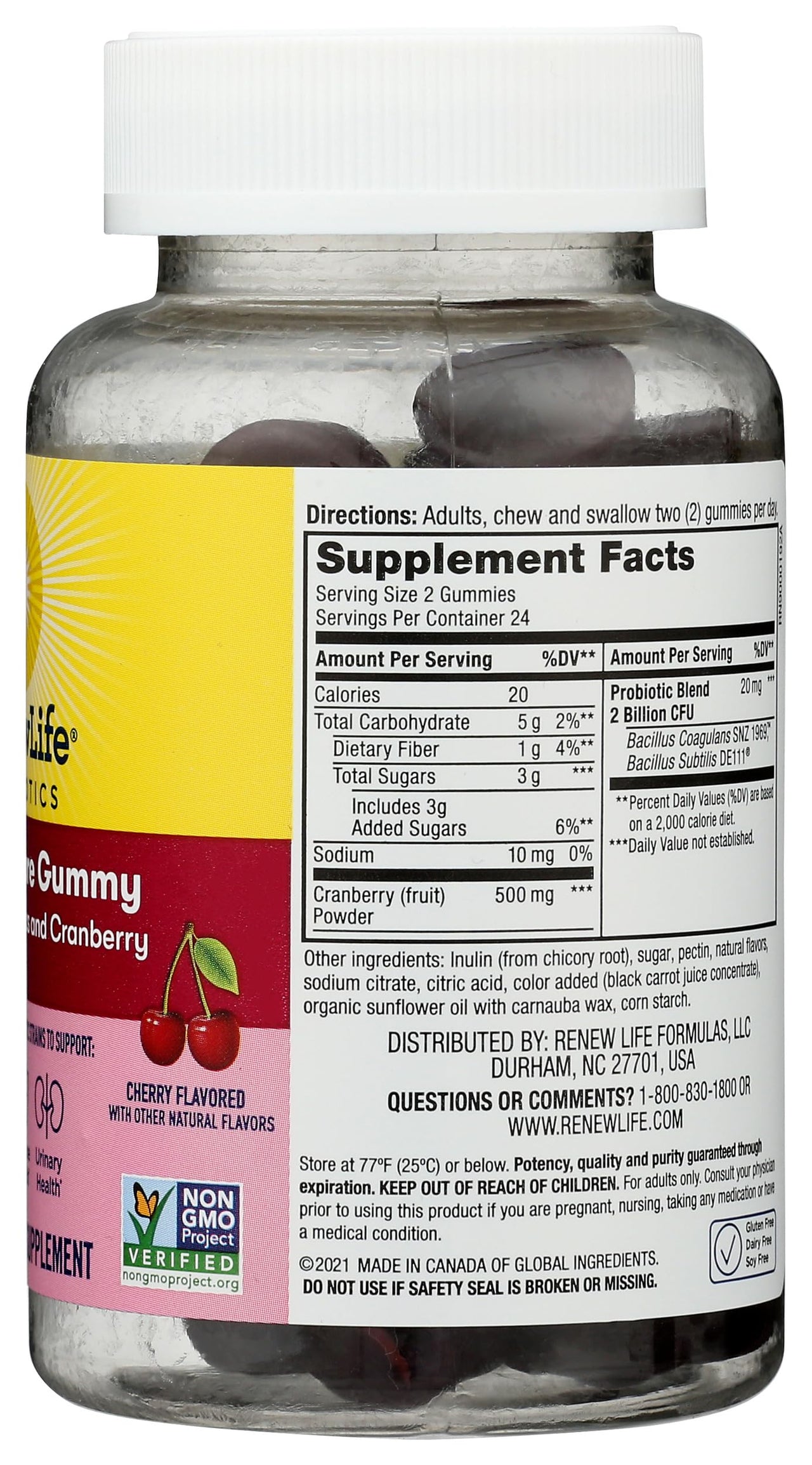 Renew Life Women's Care Cherry Prebiotic and Probiotic Gummies, Digestive, Urinary Tract and Immune Health, B. Coagulans and B. Subtilis, Dairy, Soy and gluten-free, 2 Billion CFU 48 Count