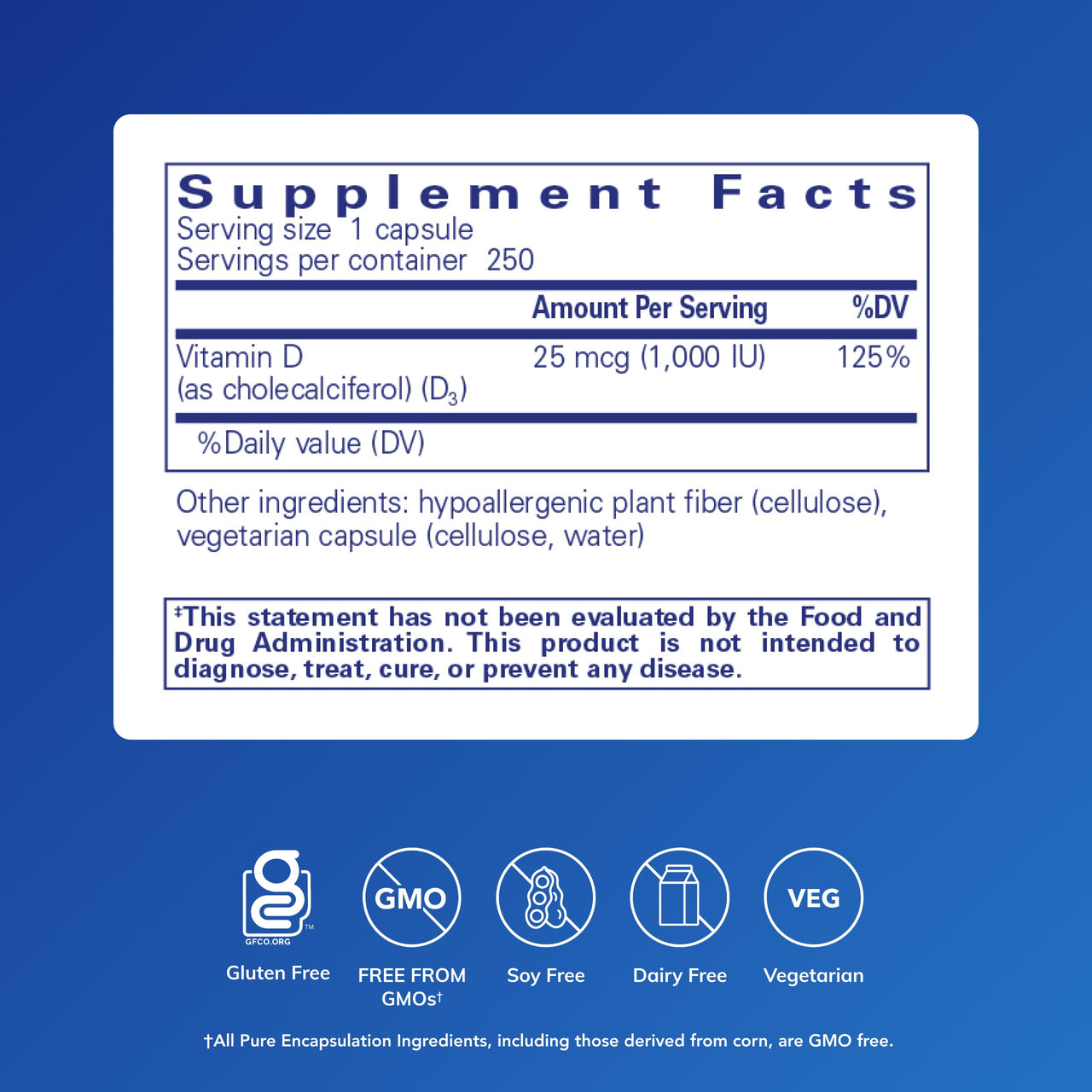 Pure Encapsulations Vitamin D3 25 mcg (1,000 IU) - Supplement to Support Bone, Joint, Breast, Heart, Colon & Immune Health* - with Premium Vitamin D - 250 Capsules