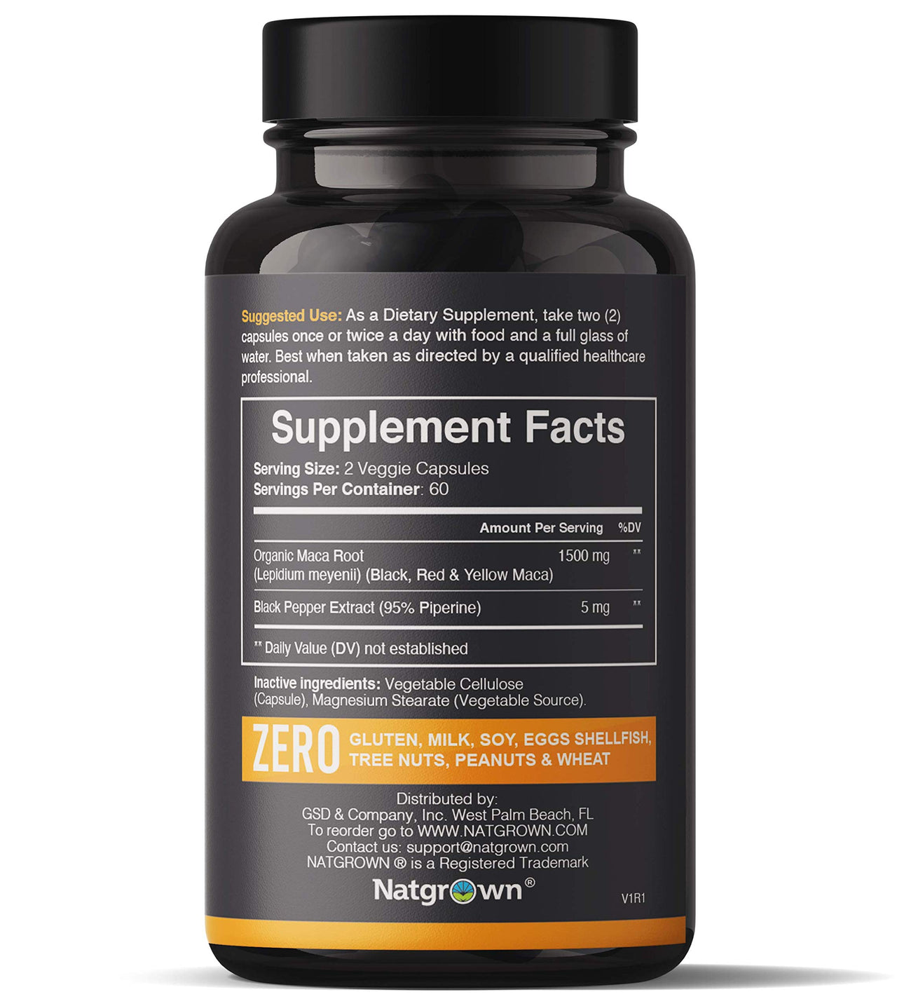 Natgrown Organic Maca Root Powder Capsules - Black, Red & Yellow - 1500 mg per Serving - Gelatinized Peruvian Maca Supplement - Non-GMO, Gluten-Free, Vegan - (120 Count)