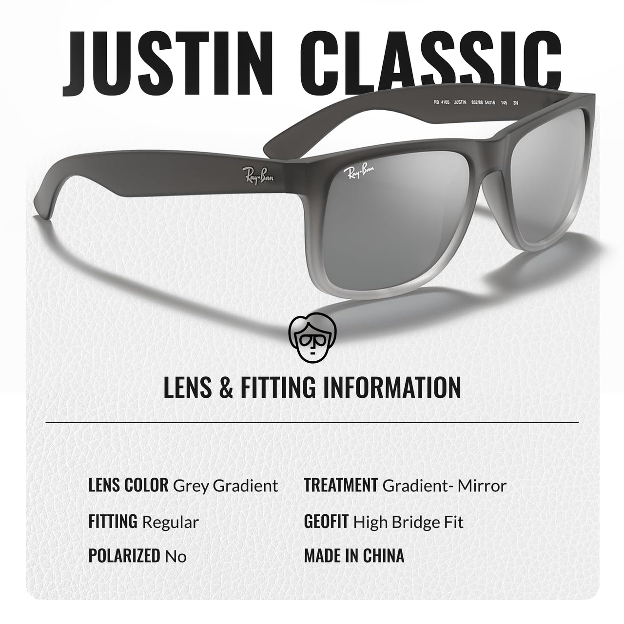 Ray-Ban RB4165 JUSTIN Classic Square Shape Sunglasses With Eyewear Kit Bundle - High Bridge Fit - Ideal Formal and Casual Wear Square Sunglasses