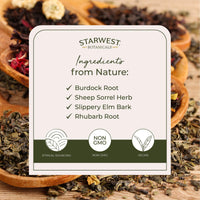Thumbnail for Starwest Botanicals Essiac Tea Organic - Caffeine Free Herbal Blend, Loose Leaf Burdock Root, Slippery Elm Bark, Sheep Sorrel, & Rhubarb, Certified Kosher, Non-GMO - Bulk 1 lb Bag