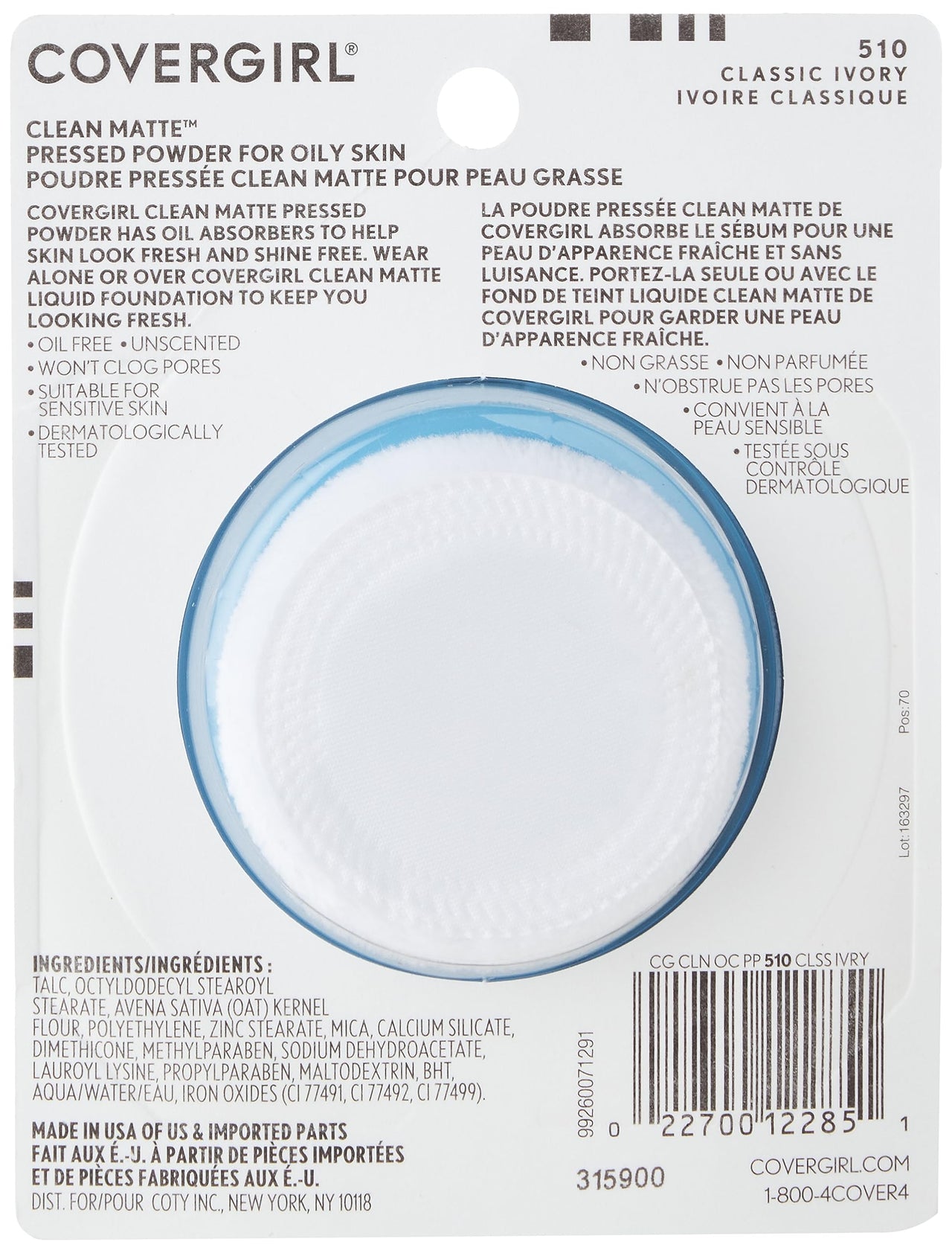 COVERGIRL Clean Matte Pressed Powder, Oil Control Powder, 1 container, .35 Fl Oz, Face Powder, Oil Free Loose Powder, Matte Finish, Lightweight, Shine Free Formula, Leaves Skin Smooth and Clean