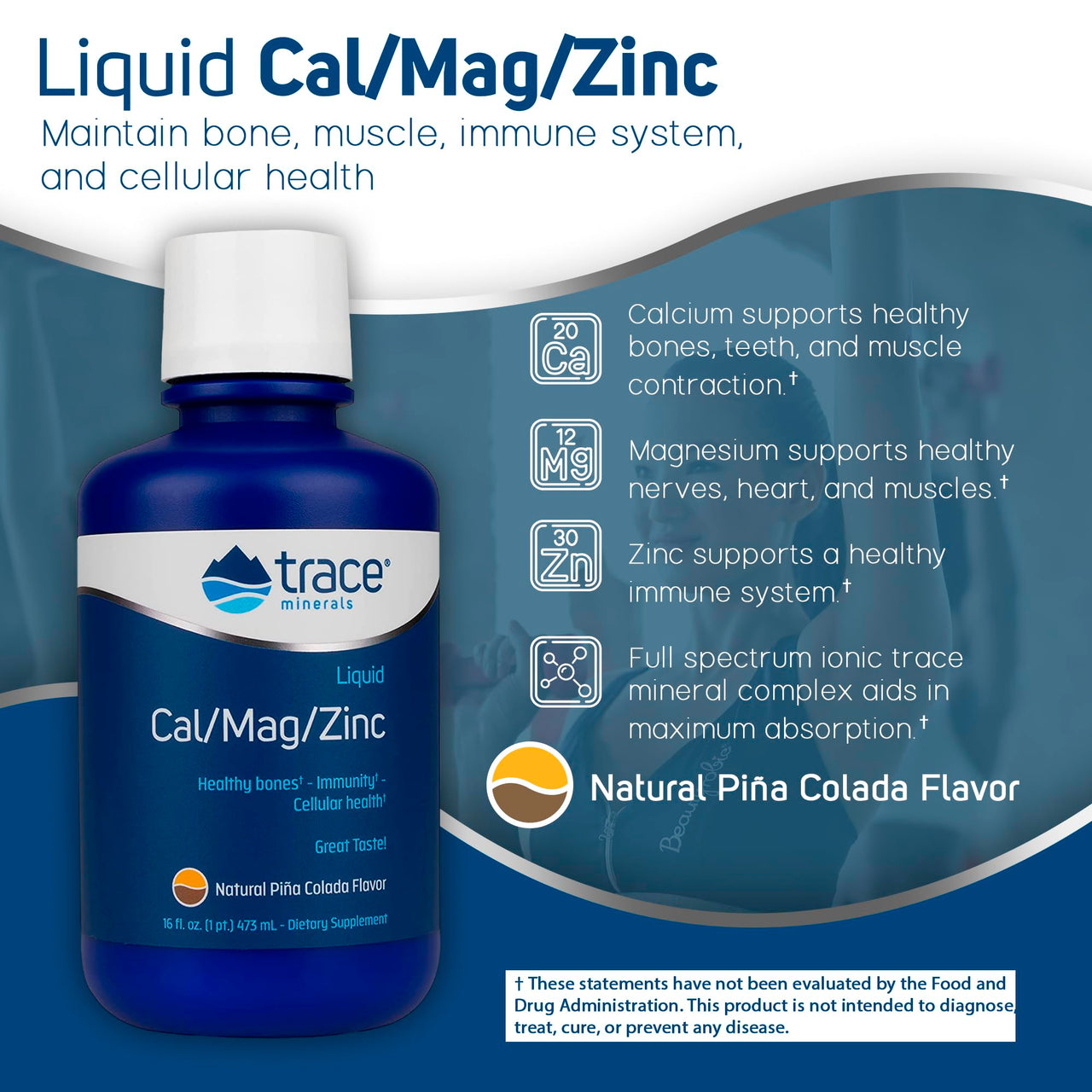 Trace Minerals Cal/Mag/Zinc - Liquid Mineral Supplement for Natural Body Health - Bone, Muscle & Cellular Health - Supports Immunity & Energy - Gluten-Free - 16Fl Oz (32 Servings) - Pineapple Coconut