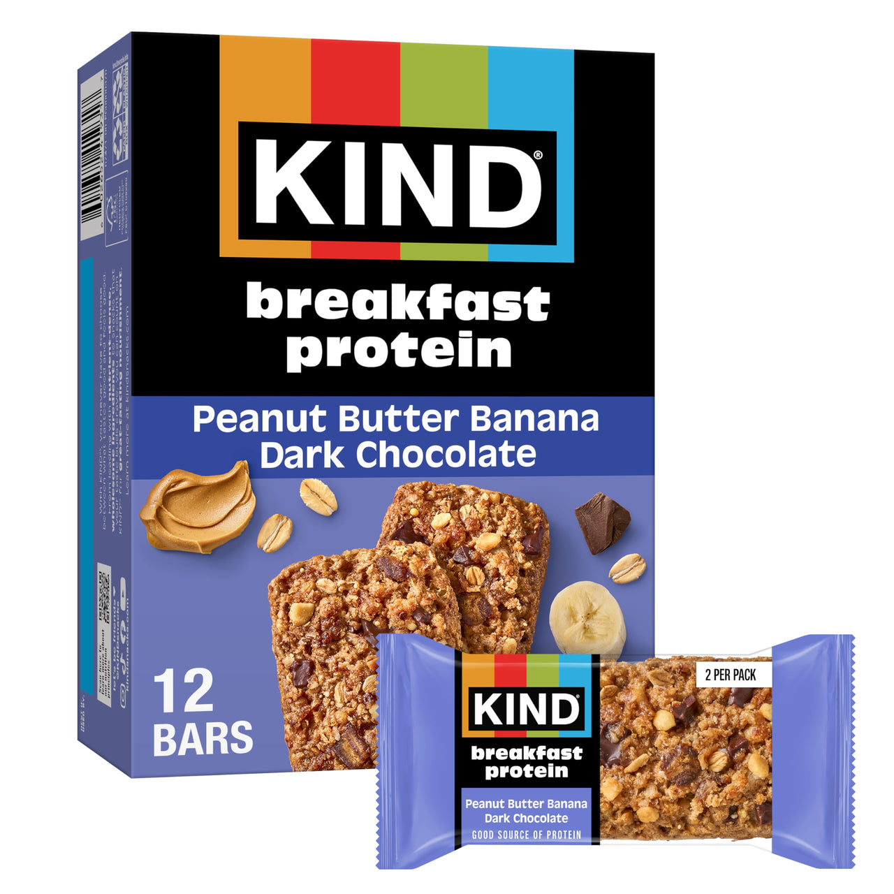 KIND Breakfast Protein Bars, Peanut Butter Banana Dark Chocolate, Gluten Free, Low Sodium, Healthy Snacks, 8g Protein, 6 Count (6 Packs of 2 Bars)