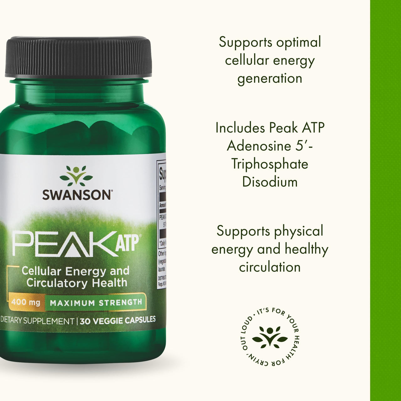 Swanson Maximum Strength Peak ATP-Natural Supplement Promoting Cellular Energy Support-Supports Physical Performance and Promotes Healthy Blood Flow Support-(30 Veggie Capsules, 400mg Each) 1 Pack