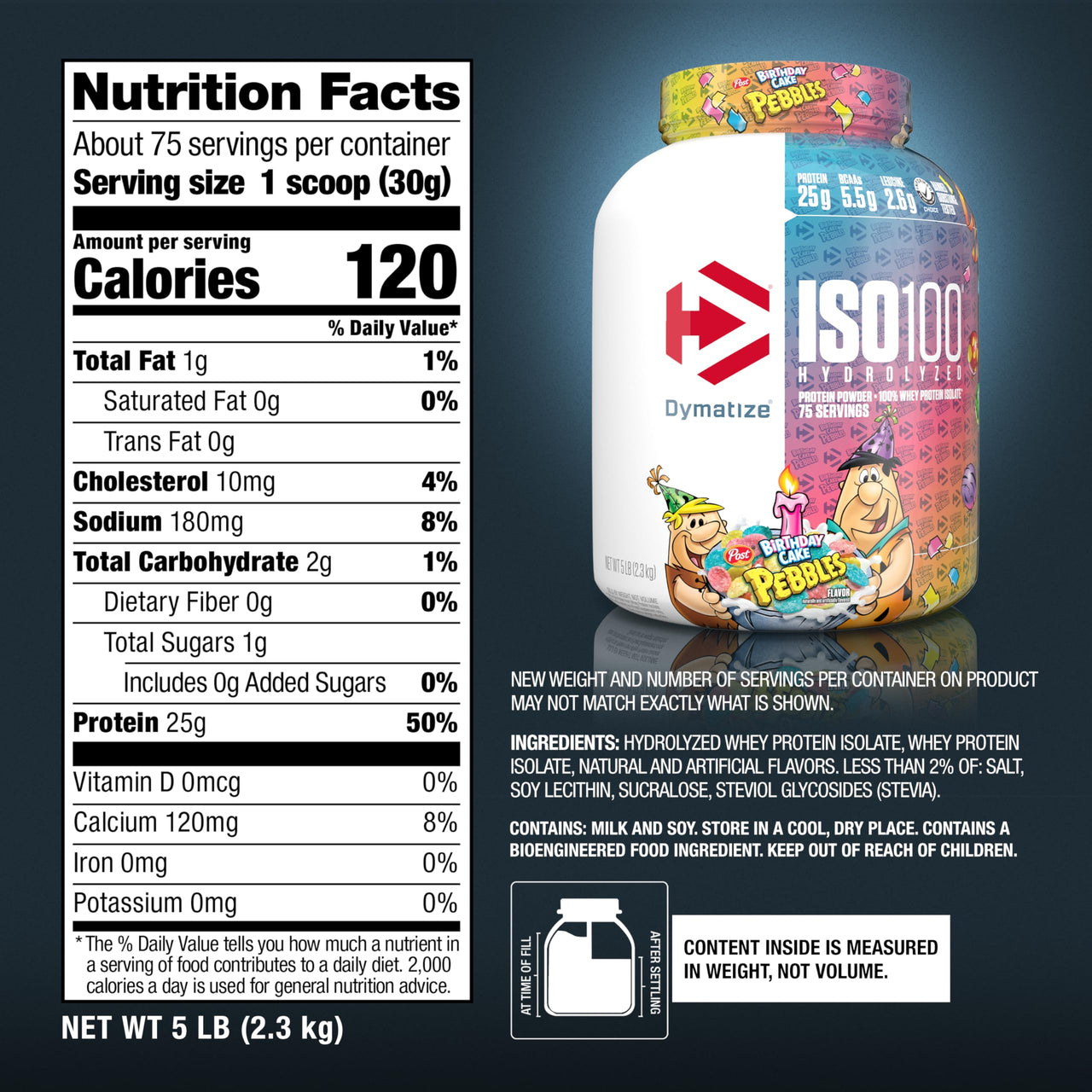 Dymatize ISO100 Whey Protein Powder Isolate, Birthday Cake, 25g of Protein, 5 Pound, 5.5g BCAAs, Less Than 120 Cal., Gluten Free, 1g Fat, 1g Sugar, 2g Carb (75 Servings)