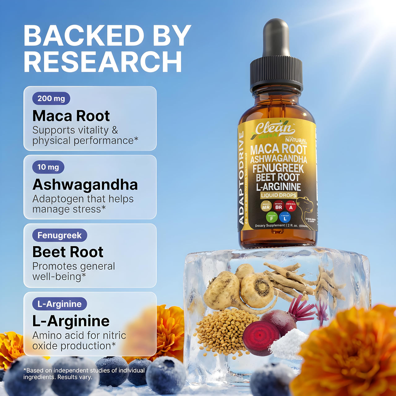 Clean Nutra Organic Maca Root Liquid Drops with Ashwagandha, Fenugreek, Beet Root and L-Arginine Liquid Multivitamin for Women and Men - Adapto Drive