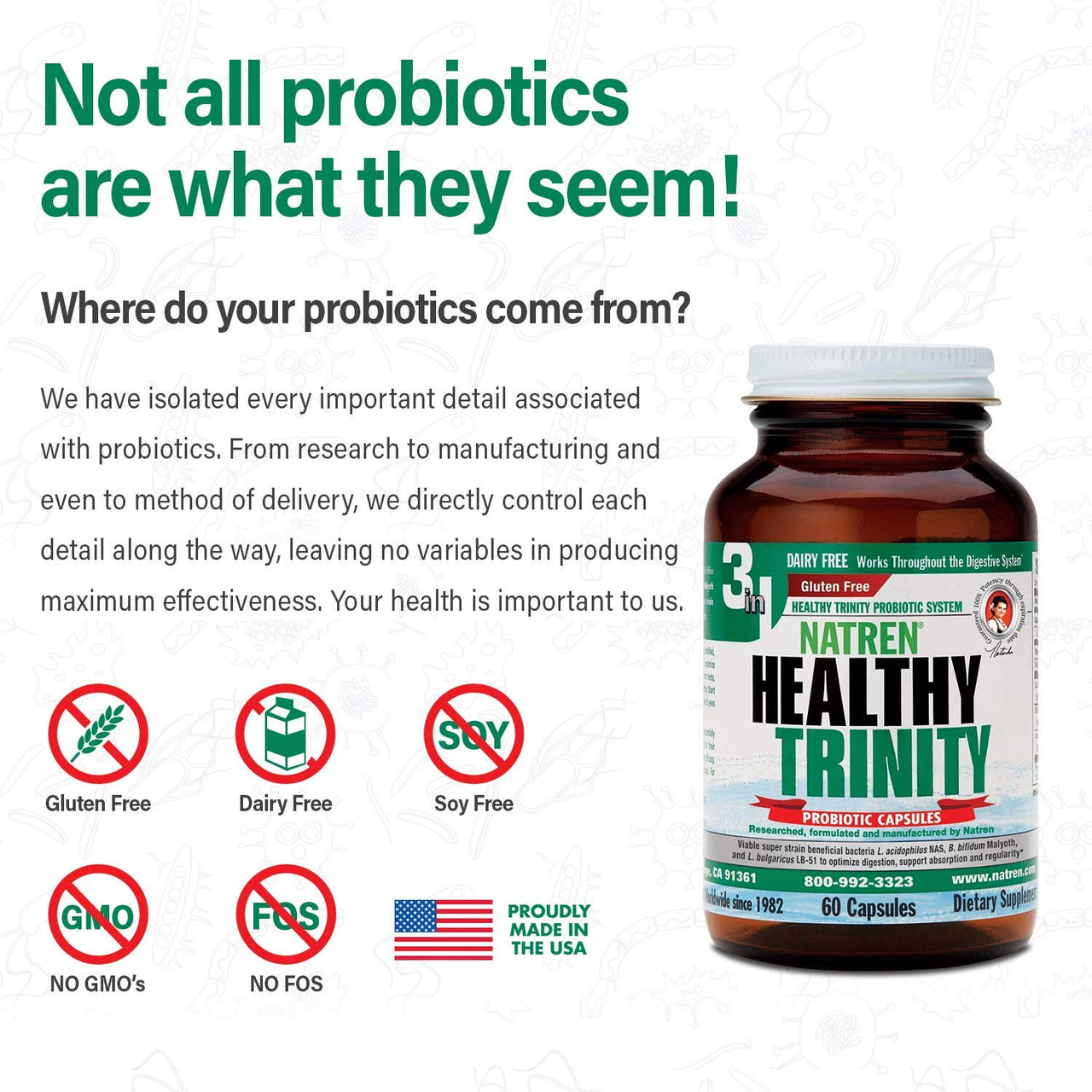 Natren Healthy Trinity Probiotics Supplement - 60 Dairy and Gluten Free Gel Capsules - Improve Gut and Digestive Health, - 30 Billion CFU - Lactobacillus Acidophilus, Bifidobacterium, Bulgaricus
