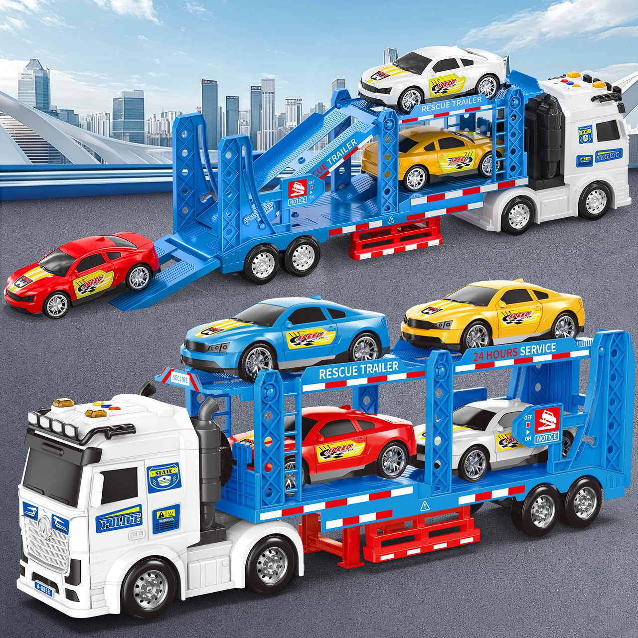 BainGesk Semi Truck Toys Car for 3, 4, 5, 6, 8 Years Old Boys Girls, Adjustable Double Decker Carrier Truck with Light & Sound, Car Hauler with Trailer Toy, Large Transport Toy Gifts for Toddler