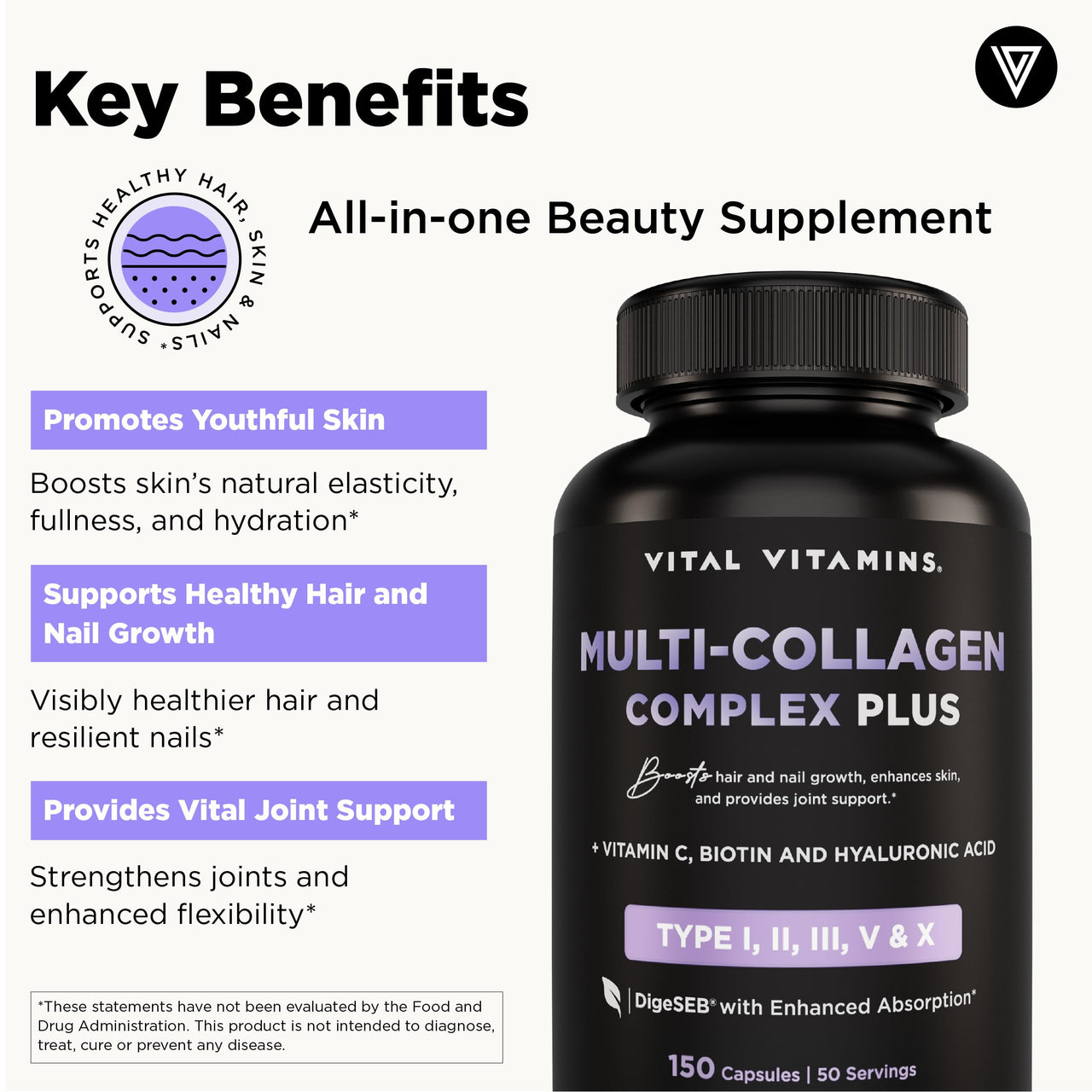 Vital Vitamins Multi Collagen Capsules with Biotin, Hyaluronic Acid, Vitamin C - Type I, II, III, V, X Peptides - Collagen Supplements for Men & Women - Hair, Skin, Nails Beauty Complex - 150 Count