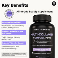 Thumbnail for Vital Vitamins Multi Collagen Capsules with Biotin, Hyaluronic Acid, Vitamin C - Type I, II, III, V, X Peptides - Collagen Supplements for Men & Women - Hair, Skin, Nails Beauty Complex - 150 Count