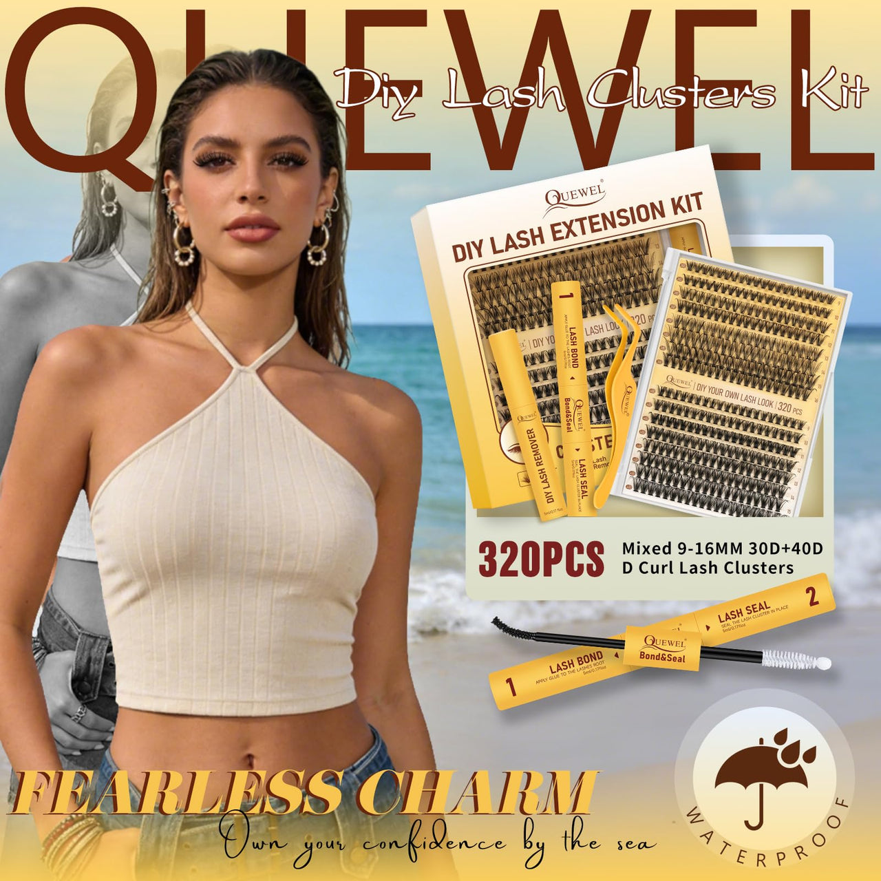 QUEWEL Lash Clusters Kit, 320 Pcs 30D+40D Lash Cluster Eyelash Extensions 9-16mm Lash Clusters Wispy Kit with Eyelash Clusters Bond and Seal Glue Remover Tweezers (30D+40D Kit)