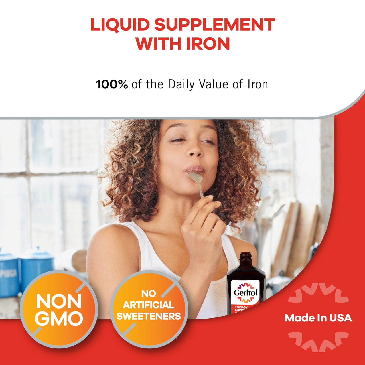 Geritol Liquid Vitamin and Iron Supplement, Energy Support, Contains High Potency B-Vitamins and Iron, Pleasant Tasting, Easy to Swallow, No Artificial Sweeteners, Non-GMO, 12 Oz
