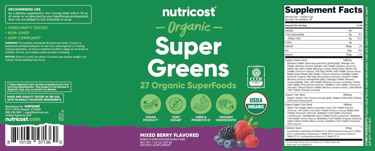 Nutricost Organic Super Greens Powder (30 Servings) Mixed Berry Flavor - Superfood Supplement Drink Mix