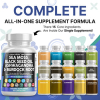 Thumbnail for Clean Nutraceuticals Sea Moss Black Seed Oil Ashwagandha Turmeric Bladderwrack Burdock & Vitamin C Vitamin D3 with Elderberry Manuka Dandelion Yellow Dock Iodine Chlorophyll ACV
