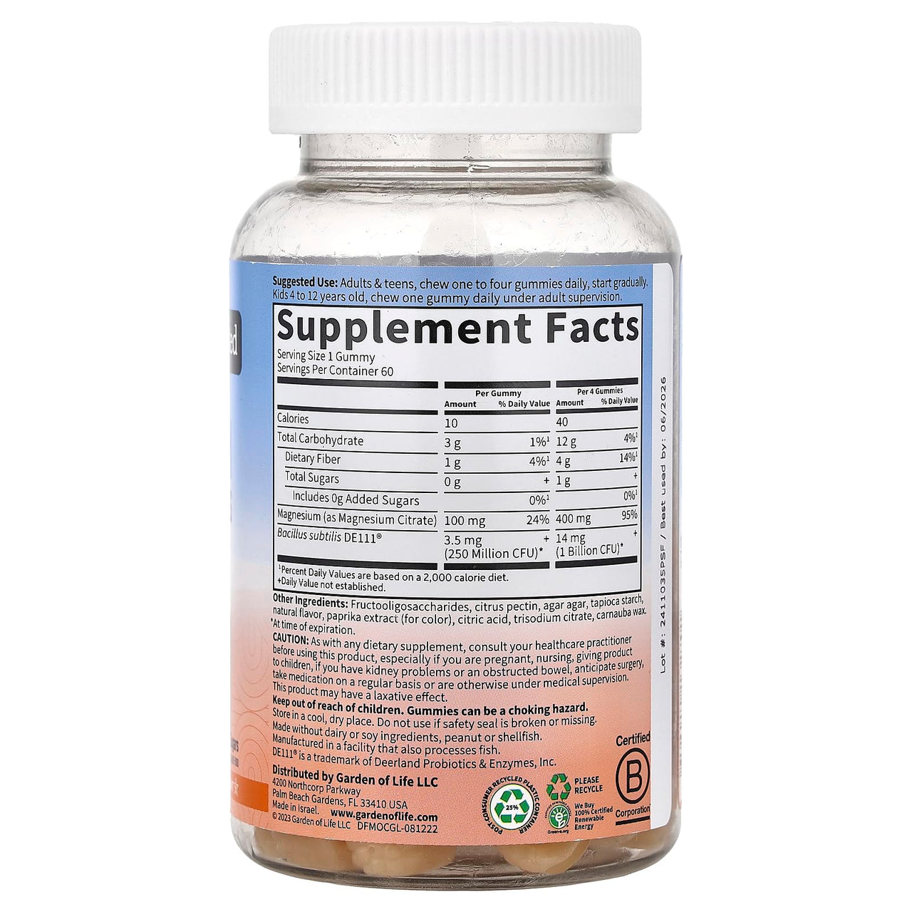 Garden of Life Magnesium Citrate Supplement Gummies with Prebiotics & Probiotics for Stress, Sleep & Recovery - Vegan, Gluten Free, Kosher, Non-GMO, No Added Sugars, Orange Cream Flavor, 60 Count