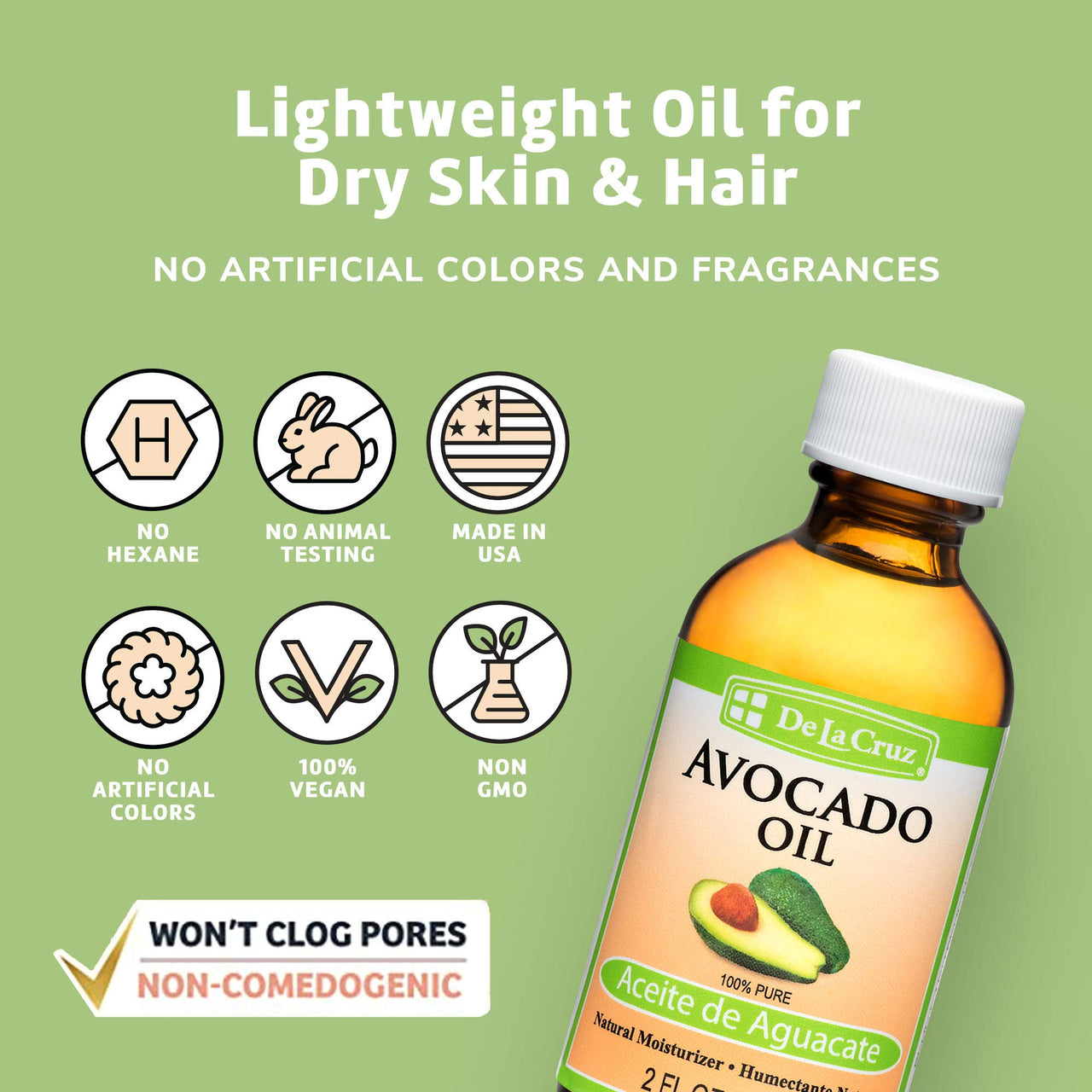 De La Cruz Avocado Oil - Expeller Pressed Pure 100% Avocado Oil for Hair and Body - Lightweight Body Oil for Dry Skin - 2 FL. OZ. (3 Bottles)
