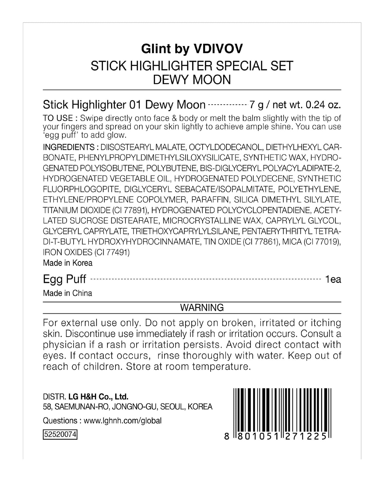 Glint Stick Highlighter Special Set (Dewy Moon(Set), 0.24oz + Egg-Shaped Makeup Sponge) - Multi-Use Illuminator Stick. Korean Makeup by LG Beauty. Creamy & Blendable Color.