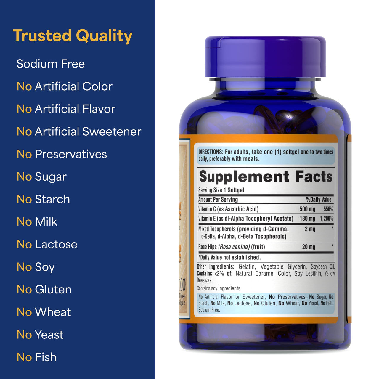 Puritan's Pride Premium Vitamin C-500mg with Rose HIPS and Vitamin E-400, Supplement for Antioxidant, Heart, Circulatory, and Immune System Support, 100 Rapid Release Softgels