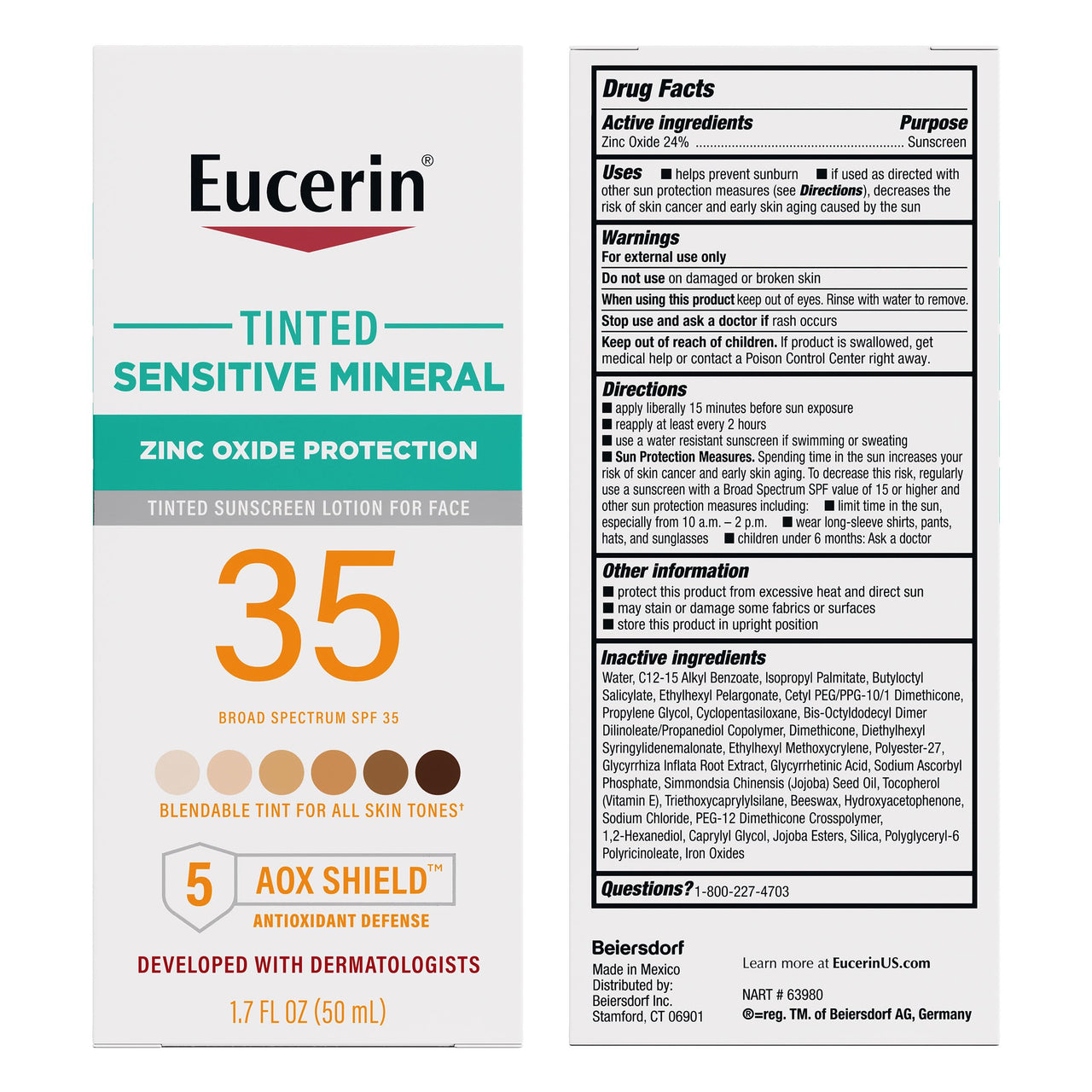 Eucerin Sun Tinted Sensitive Mineral Face Sunscreen Lotion SPF 35, Non-Comedogenic Mineral Sunscreen with Gentle Zinc Oxide Protection for Sensitive Skin, 1.7 Fl Oz Bottle