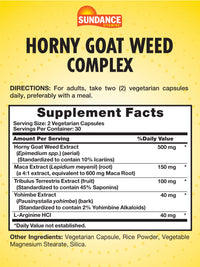 Thumbnail for Sundance Horny Goat Weed Complex | 60 Capsules | with Maca, Tribulus Terrestris, and L-Arginine | Vegetarian, Non-GMO & Gluten Free Supplement