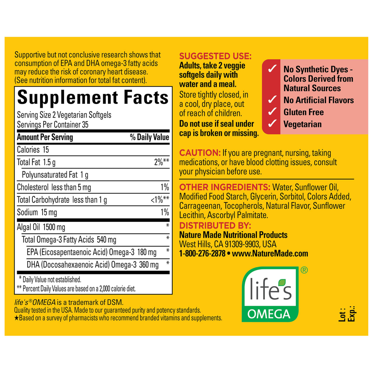 Nature Made Algae Oil Omega 3 Supplement 540mg, Omega 3 Fish Oil Alternative, 70 Veggie Softgels, Sustainable, Plant-Based, for Healthy Heart, Brain, and Eye Support, 70 Softgels