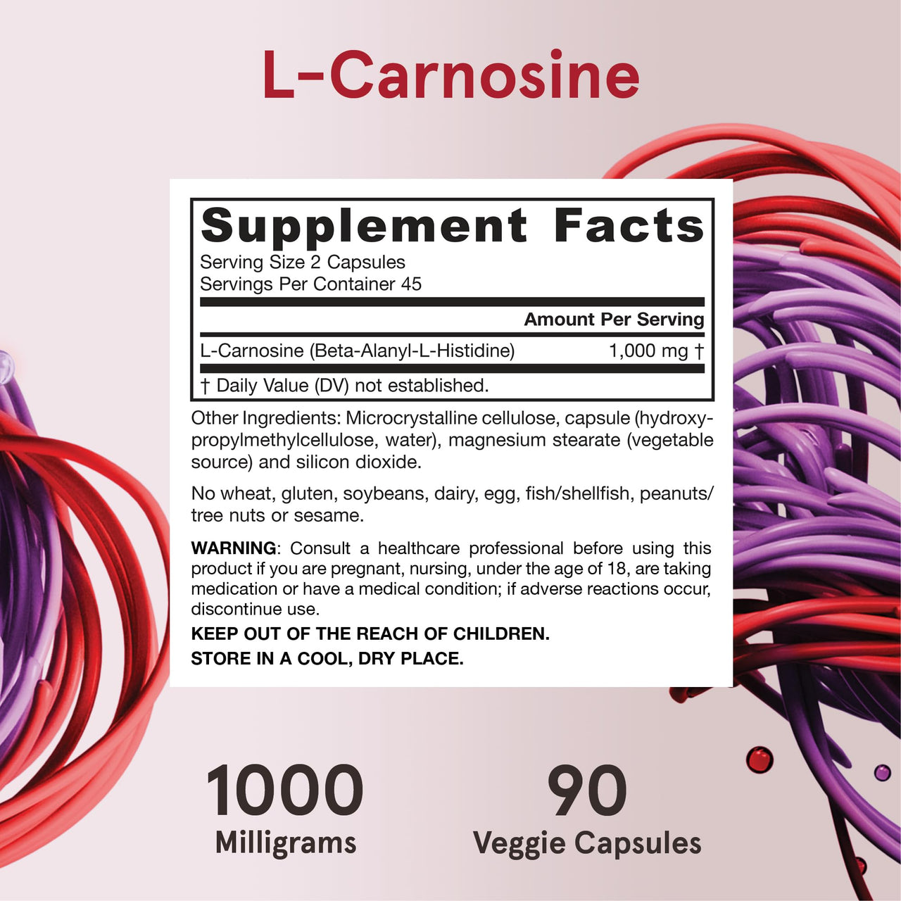 Jarrow Formulas® L-Carnosine Dipeptide Antioxidant 1000 mg, Dietary Supplement, Antioxidant Support for Mitochondrial Health, 90 Veggie Capsules, Up to 45 Day Supply