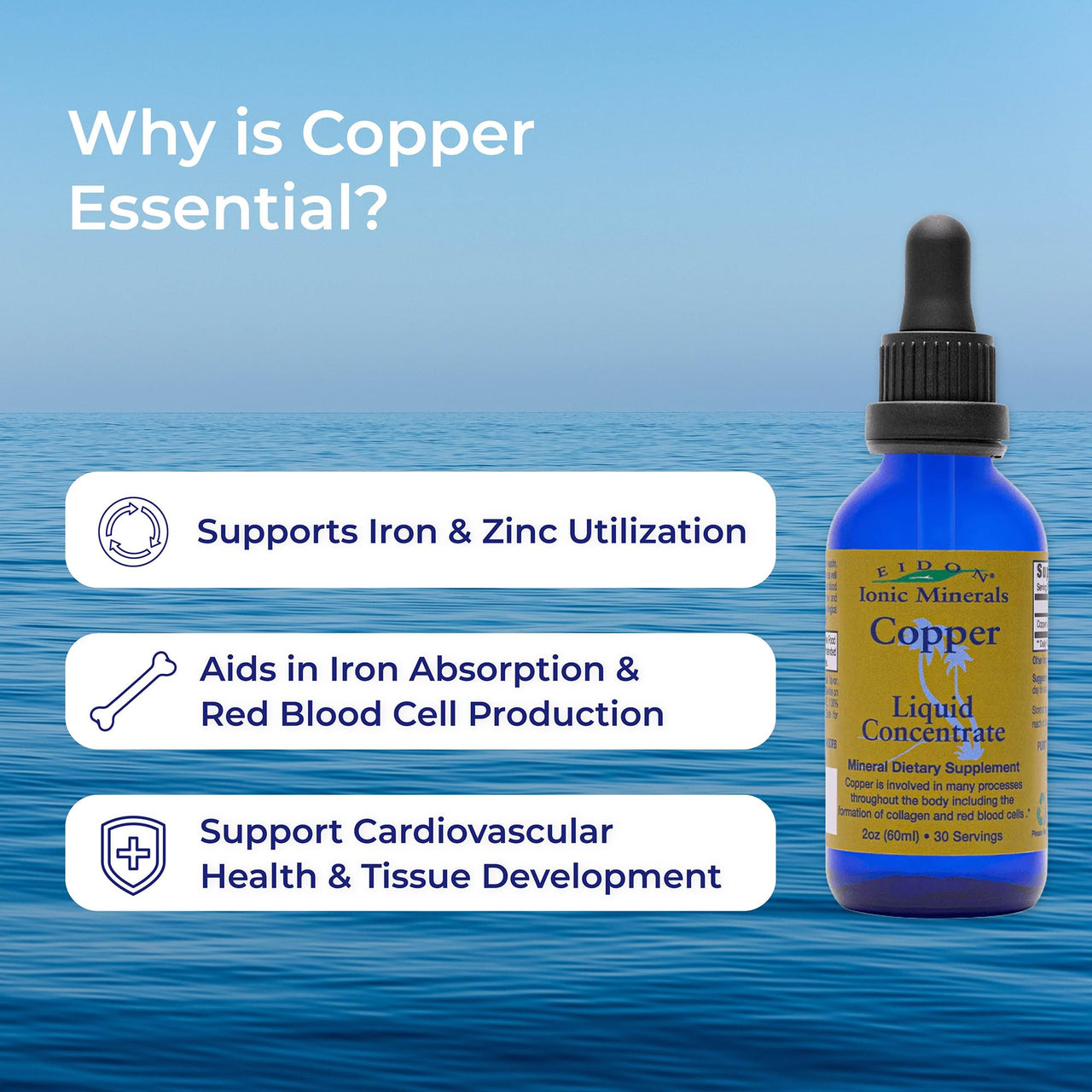 Eidon Ionic Minerals Copper - Ionized Copper Supplement for Women & Men, Liquid Concentrate Drops, Bioavailable Supplement for Red Blood Cell Support & Healthy Skin - 2 oz