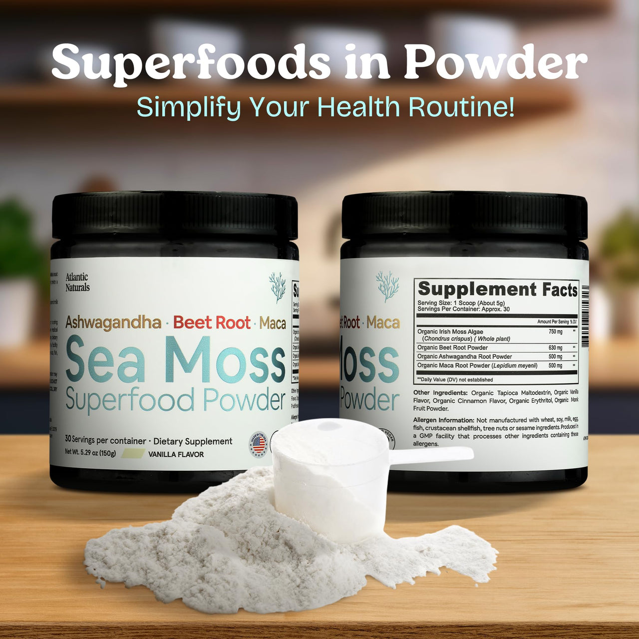 Atlantic Naturals Superfood Organic Sea Moss Powder Blend with Ashwagandha, Maca Root & Beet Root | Ideal for Healthy Skin, Positive Mood & Energy | Vanilla Flavor (150g)
