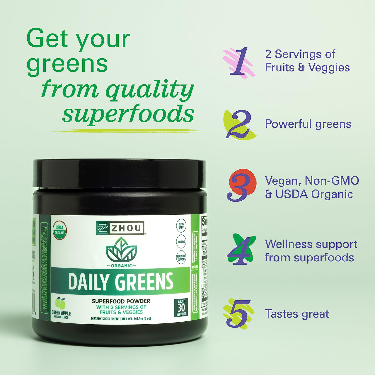 Zhou Organic Daily Greens Powder - Greens Superfood Powder for Juice, Smoothie, Super Food Drink Mix with Spirulina & Kale, Vegetables Supplement - Green Apple Flavor, 5 oz (30 Servings)