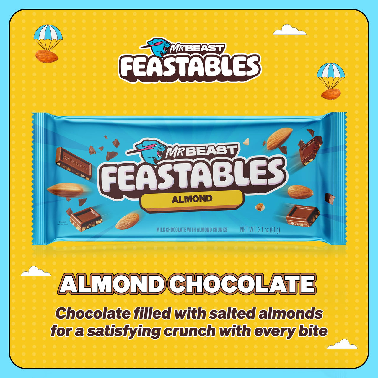MrBeast Feastables Almond Milk Chocolate Bar, King Size, 10 Count, Roasted Almond Chocolate Candy, Fairtrade Cocoa, 2.1oz Each