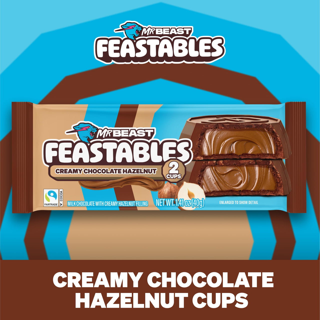 MrBeast Feastables Hazelnut Cups, 24 Count, Milk Chocolate with Creamy Hazelnut Filling, 2-Cup Packs, Fairtrade Cocoa