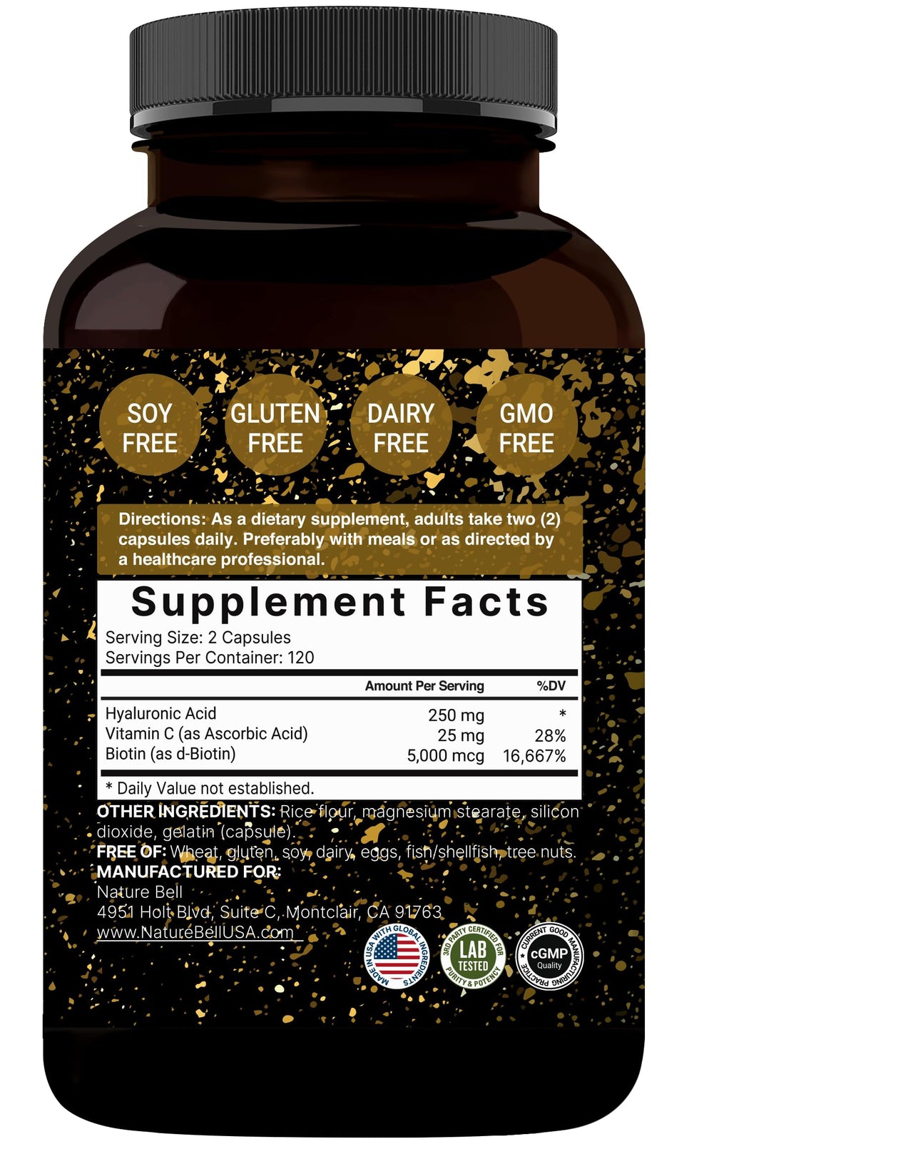 NatureBell 2 Pack Plant Based Hyaluronic Acid Supplements 250mg with 25mg Vitamin C & Biotin 5000mcg, 480 Total Capsules | Essential for Hair Growth, Joint Support, & Hydrating Skin | Non-GMO