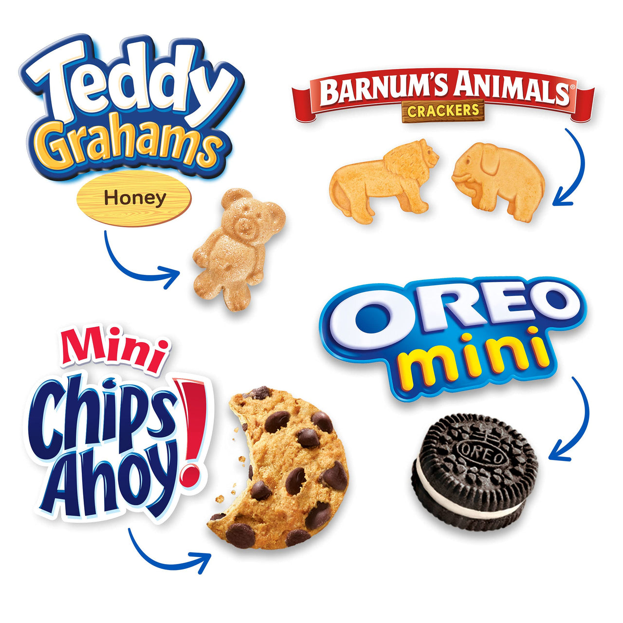 Nabisco Team Favorites Variety Pack, OREO Mini, CHIPS AHOY! Mini, Teddy Grahams Honey & Barnum's Animal Crackers, Christmas Stocking Stuffers, 30 Snack Packs (Pack of 4)