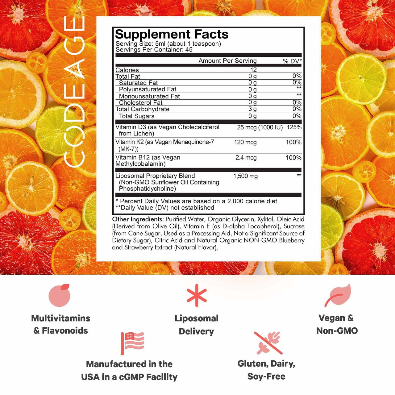 Codeage Liquid Vitamin C 1000mg, Vitamins D3, E & Zinc, Rose Hips, Quercetin, Echinacea, Vegan Liposomal Vitamin C Supplement, Non-GMO - 2 Pack
