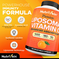 Thumbnail for Nutrivein Premium Liposomal Vitamin C Supplement 1650mg - 180 Caps: High-Absorption High Dose Vitamin C Capsules for Whole-Body Defenses & Overall Well-Being