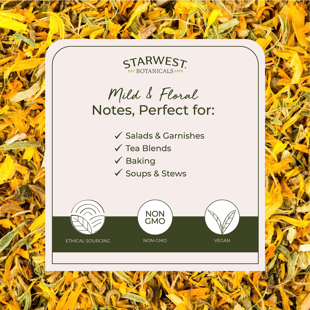 Starwest Botanicals Organic Dried Calendula Flowers - Natural Loose Leaf Herb for Tea & Culinary Use, Herbal Calendula Petals, Caffeine Free, Certified Kosher, Non-GMO - Bulk 1 lb Bag