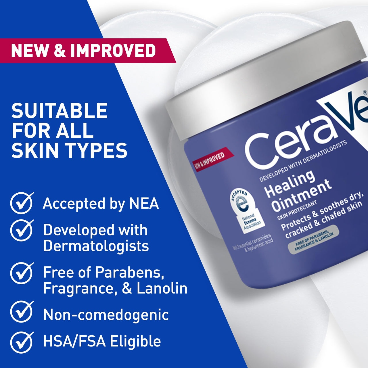 CeraVe Healing Ointment, Hydrating Skin Protectant With Petrolatum, Hyaluronic Acid & Ceramides, Face & Body Skin Barrier Repair For Cracked, Chafed, Dry Skin, Fragrance Free & Lanolin Free, 12 Oz