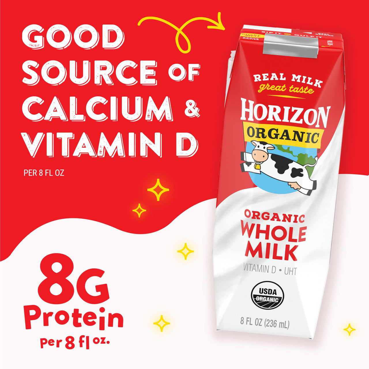 Horizon Organic Shelf Stable Whole Milk Boxes, 8 fl oz, 18 Count - 8g Protein per Serving, USDA Organic UHT from Pasture-Raised Cows, Ready to Drink for Lunchbox, Travel, or On-the-Go, No Refrigeration Needed