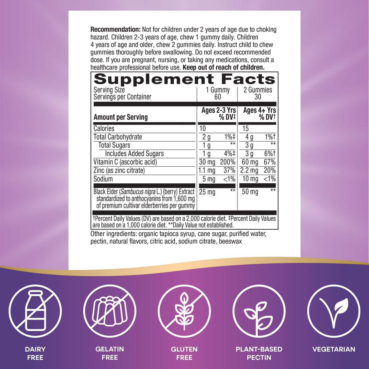 Nature’s Way Sambucus Kids Elderberry Immune Gummies with Black Elderberry Extract, Daily Immune Support Gummy with Vitamin C and Zinc for Children Ages 2+*, 60 Gummies